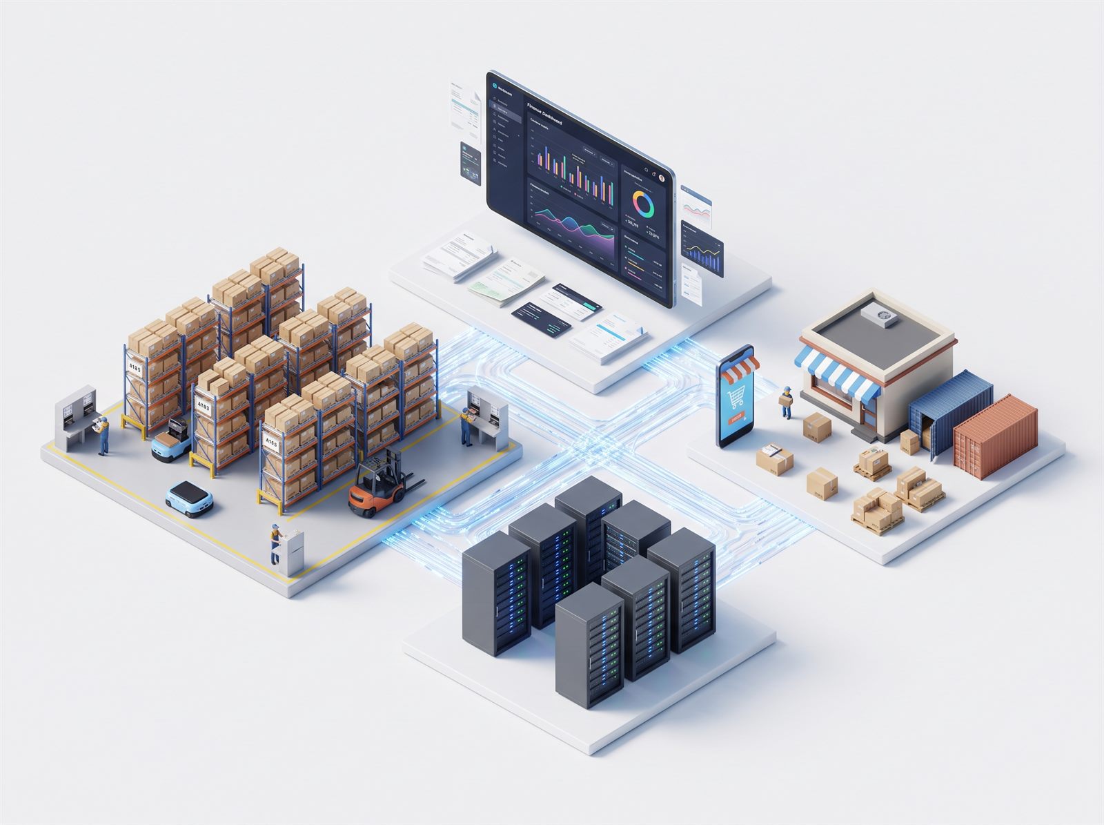 Abstract visualization of automated business systems connected by data flows